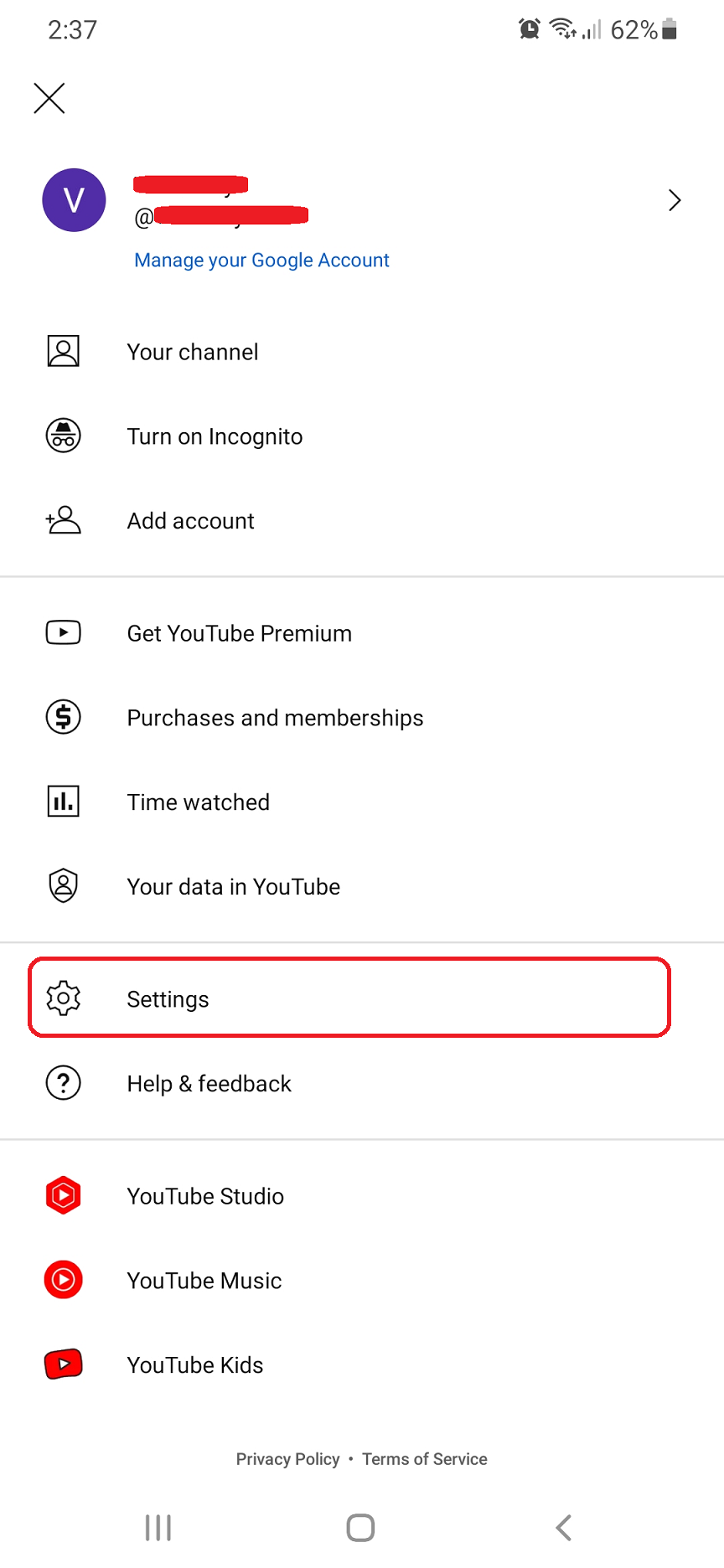 Accessing settings on YouTube app